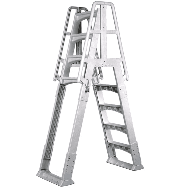 Metal step ladder beside a PREMIUM POOL-Colombia 54"- 8" Resin Top Rail-SALT FRIENDLY, isolated on a white background.